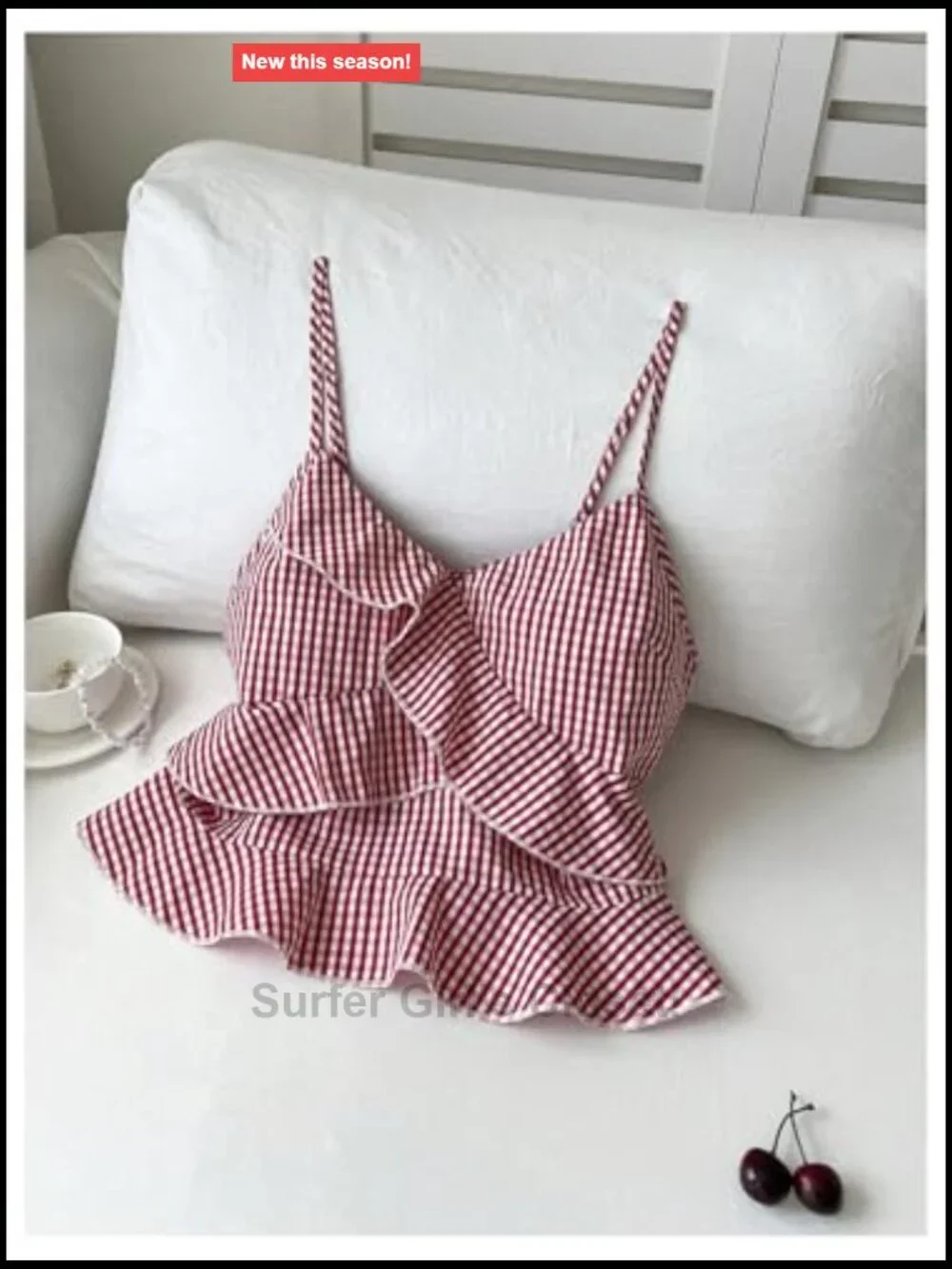 Gingham Print Spaghetti Strap Cami Top Ruffle Hem Peplum Sleeveless V-Neck